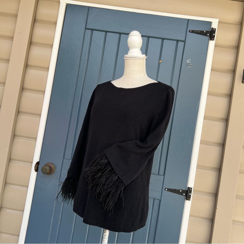 Ann Taylor  knit top with feather trimmed sleeves Women’s Size LP - Picture 2 of 8